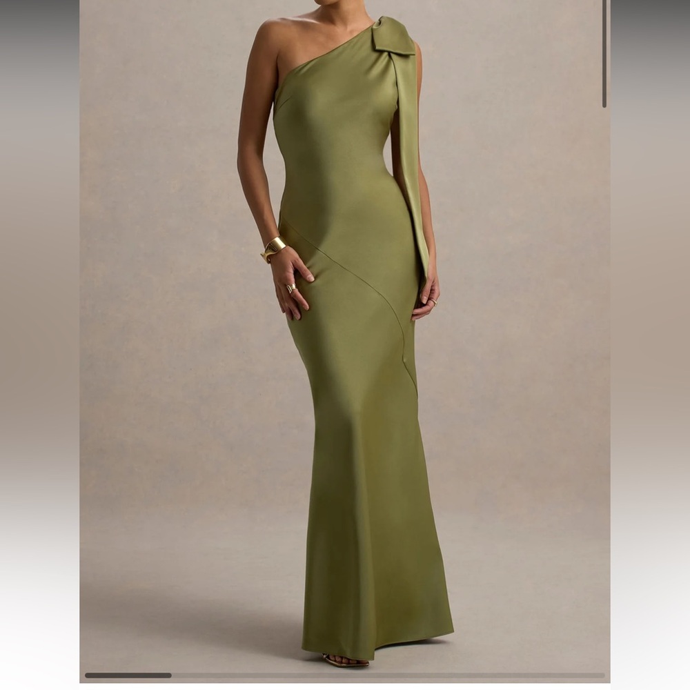 Club L London Bow One Shoulder Olive Dress